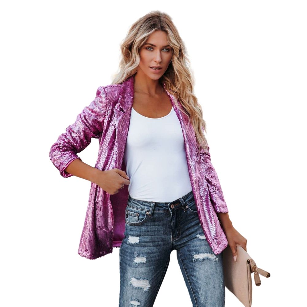 Women's Sequin Blazer, Shimmer Jacket, Casual Long Sleeve Glitter Lapel Coat