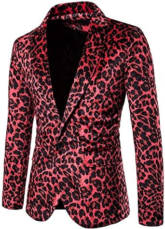 Men's Leopard Print Blazers Fashion Slim Fit Tuxedo Casual One Button Lapel Suit Jackets
