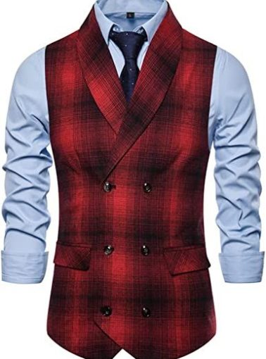 Men's Classic Plaid Casual Suit Vest Shawl Collar Double Breasted V Neck Waistcoat