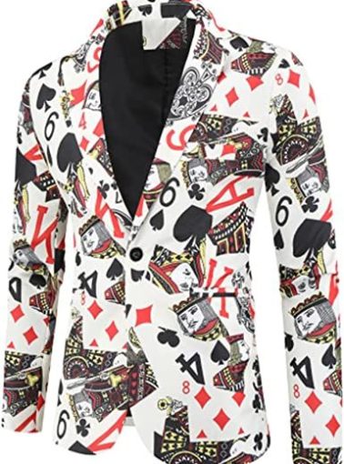Men's Poker Pattern Suit Jackets Fashion Slim Fit Jackets Suit Collar Single Row One Button Blazers