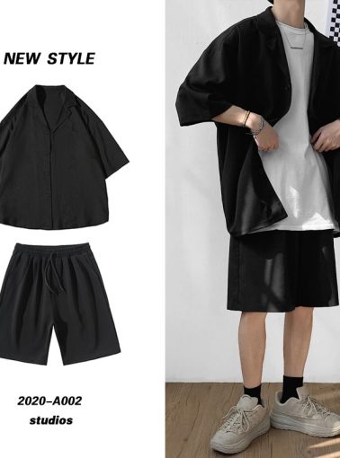 Korean Style Men's Set Suit Jacket and Shorts Solid Thin Short Sleeve Top Matching Bottoms Summer Fashion Oversized Clothing Man