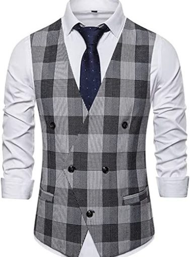 Men's V-Neck Suit Vest Casual Slim Fit Dress Plaid Vest Waistcoat