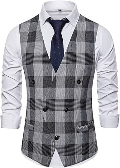 Men's V-Neck Suit Vest Casual Slim Fit Dress Plaid Vest Waistcoat