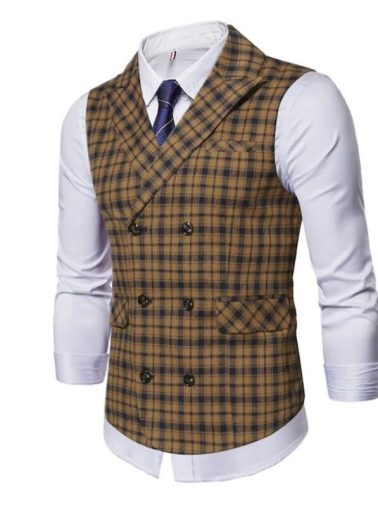 Mens Plaid Formal Waistcoat Peak Lapel Double Breasted Casual Suit Vests For Business Work Party Wedding Dinner